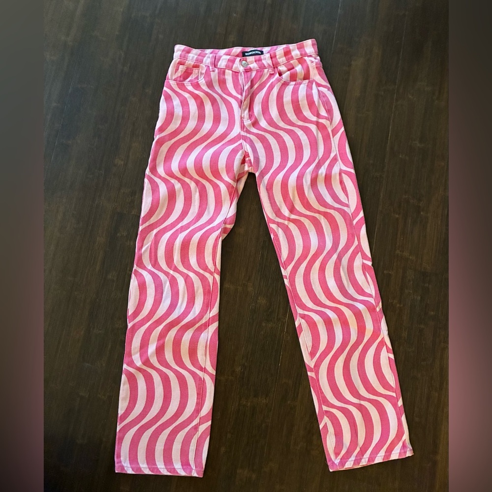Dolls Kill Momokrom VPink Wave Pattern Jeans, Size UK 8